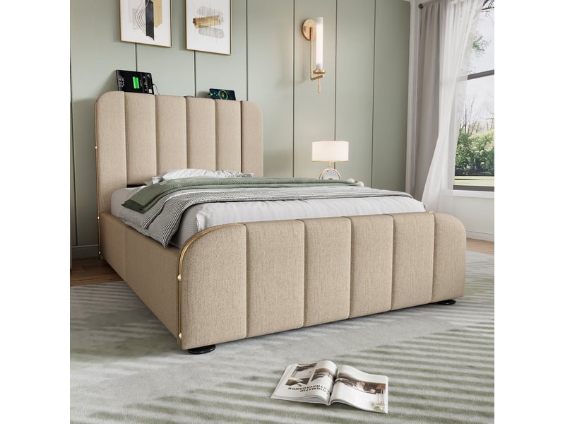  Lit coffre 1 place, 90x200 cm, avec rangement, usb type c, tête de lit rembourrée, matelas inclus, lin, coloris beige  - Conforama B