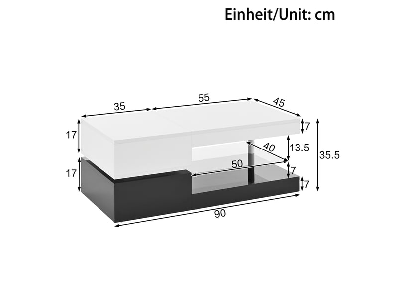  Table basse 90x45x35,5 cm avec led par application, niche et tablette en verre, panneaux de particules brillants, blanc et noir ABC - Conforama C