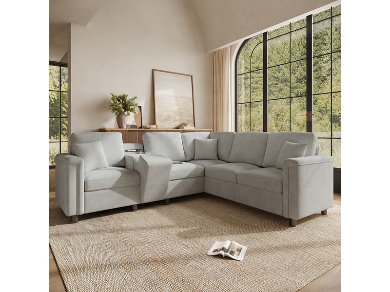  Canapé d’angle 5 places en chenille gris clair avec console de rangement et ports usb  - Conforama C