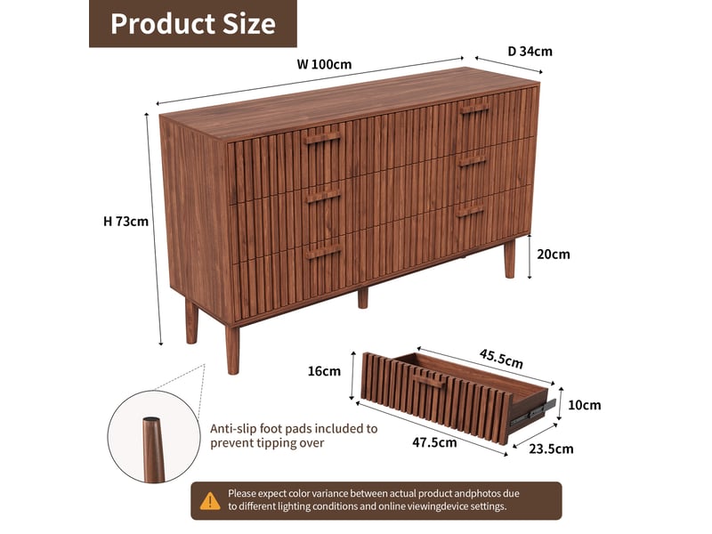  Commode 6 tiroirs - 100x34x73cm - meuble double chiffonnier vintage avec façades à lattes et pieds hauts - noyer  - Conforama E