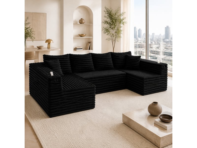 Canapé modulable en u modenvie 6 places en velours côtelé noir avec porte-gobelets et poches latérales 320 x 155 x 88 cm - Conforama B