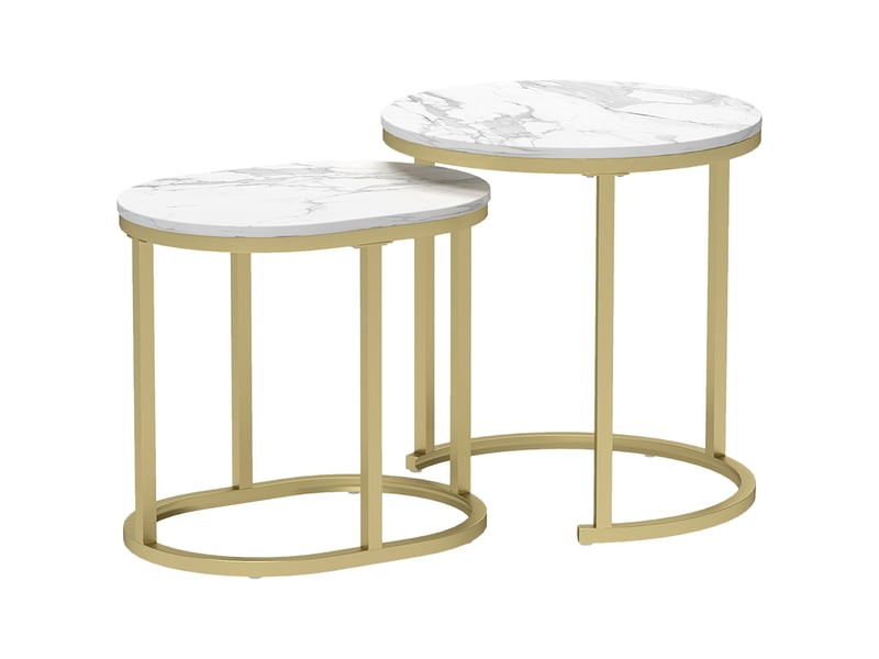  Lot de 2 tables basses gigognes – plateau mdf blanc et cadre en acier – ronde et ovale  - Conforama A