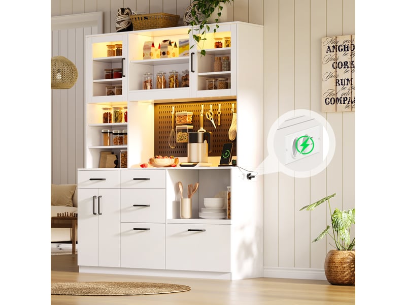 Armoire de cuisine blanc avec led et prises meuble de rangement mdf 5 tiroirs 185 cm - Conforama R