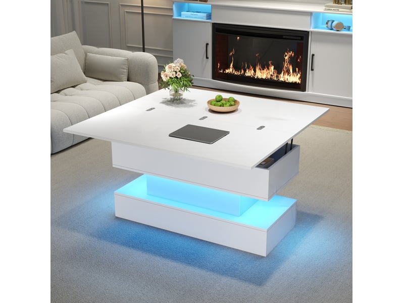  Table basse relevable 100x50 cm avec led, prises usb-c, rangement caché, blanche  - Conforama E