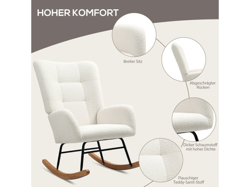 Fauteuil à bascule crème en tissu effet teddy, accoudoirs et patins en bois, relax pour salon et chambre  - Conforama B