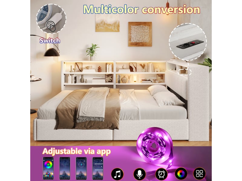  Lit banquette coffre rembourré 140x200 cm, rangement hydraulique, meuble latéral réversible, led rgb, usb et usb-c, velours blanc Radiant Stride - Conforama E