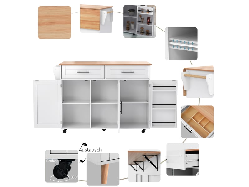  Buffet roulant blanc 129 cm - plateau bois rabattable, portes, roulettes - meuble cuisine pratique  - Conforama D