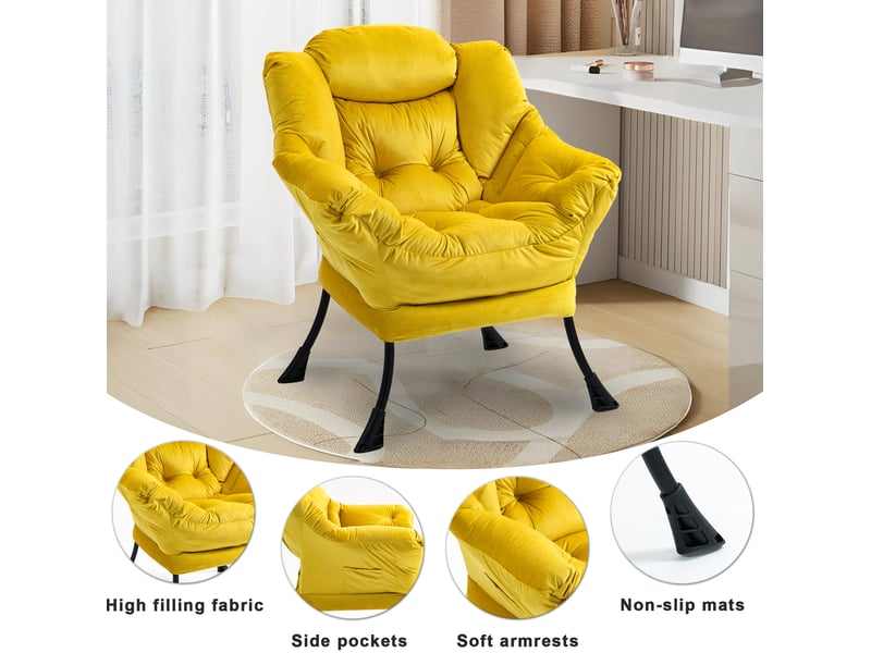  Fauteuil relax ulevr jaune avec poche latérale, structure en métal, 75 x 80 x 85 cm, rembourrage en coton pp et revêtement velours  - Conforama C