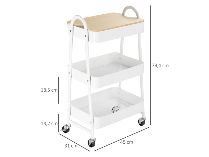  Desserte de cuisine 45 x 31 x 79,4 cm blanche en acier et plastique, 3 paniers et couvercle à roulettes  - Conforama C