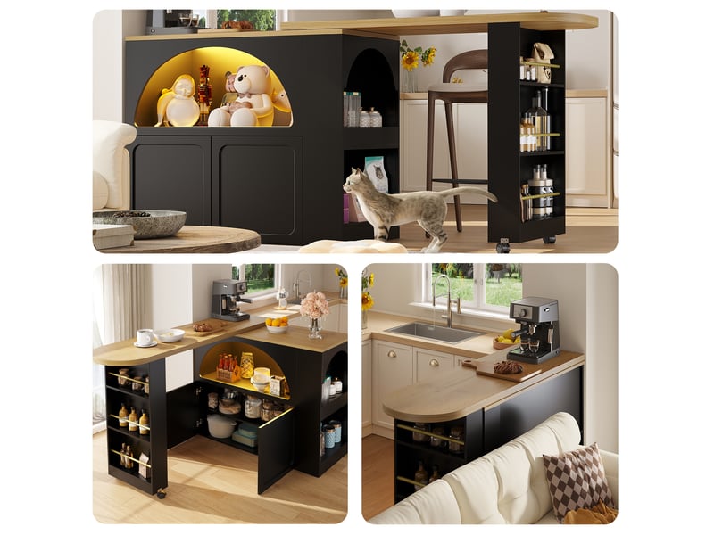  Table de bar extensible 135-205x39x100cm roulettes freinées éclairage multicolore commandable rangements mdf noir  - Conforama D