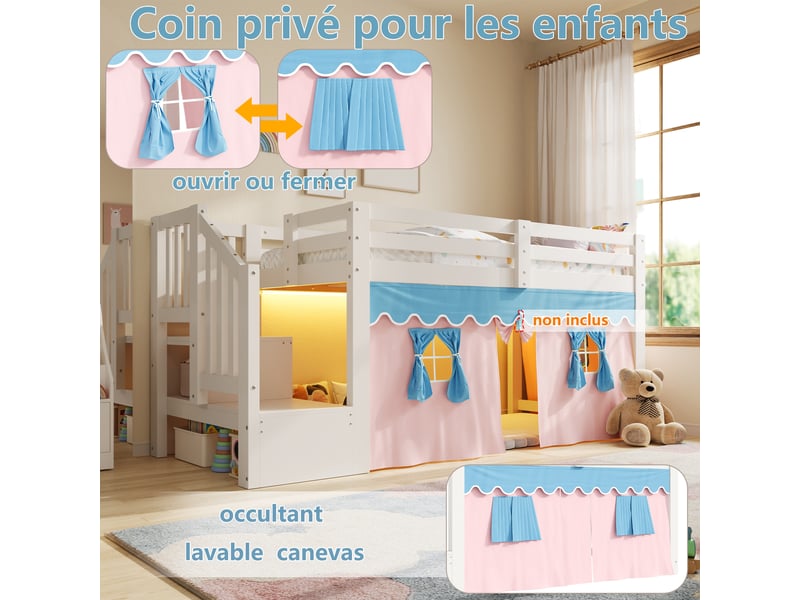  Lit mi-hauteur enfant en pin 90x200 cm, lit enfant gain de place avec rideaux occultants, led, espace de jeu et escalier de rangement, blanc  - Conforama E