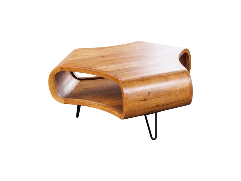  Table basse nera 90 cm en bois massif d'acacia avec niche et pieds métal noir – style rétro industriel  - Conforama A
