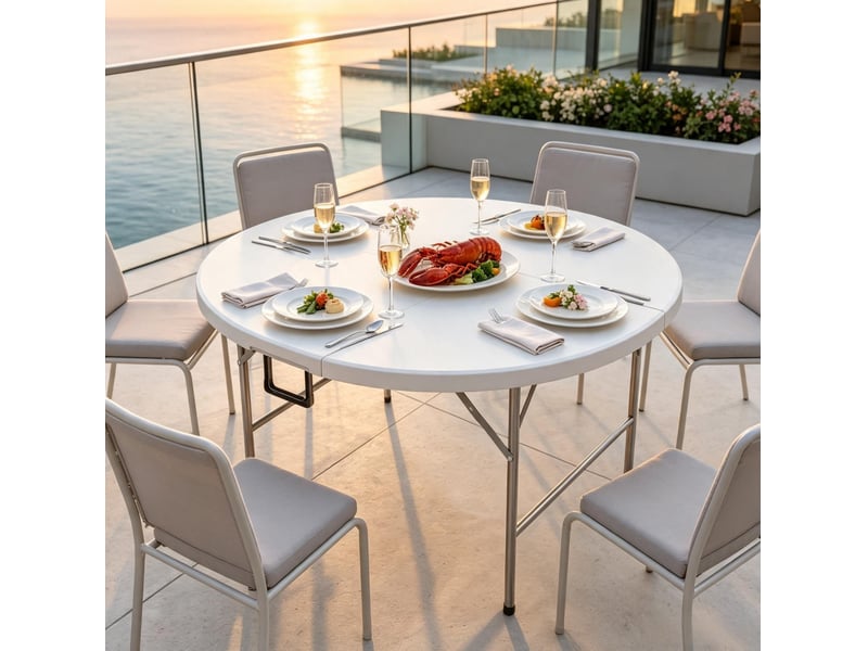  Table de jardin ronde pliante ø122 cm blanche et grise, 6 places, plateau hdpe et structure en acier pratique  - Conforama B