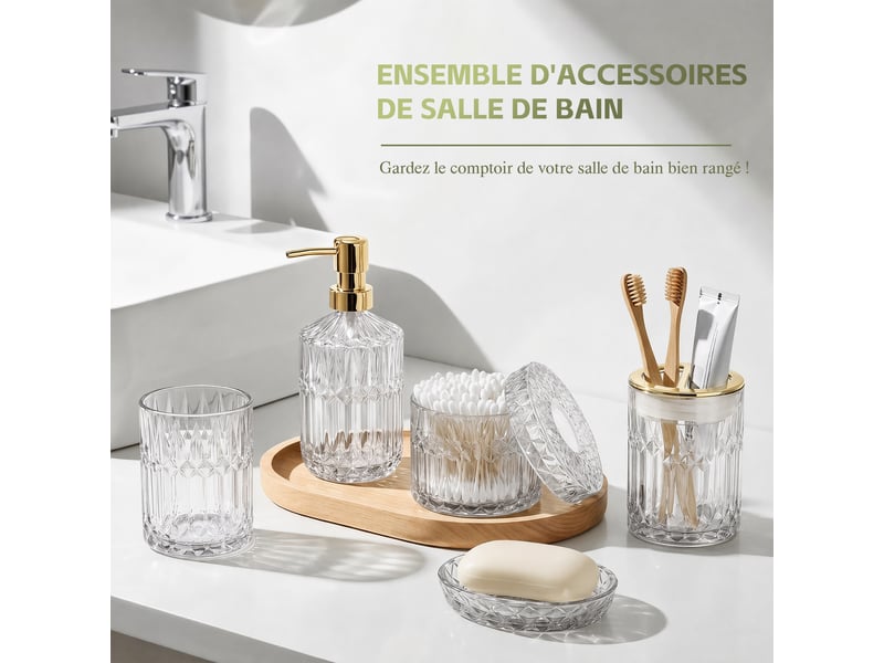  Ensemble salle de bain 5 pièces en verre transparent taillé diamant, distributeur de savon et accessoires assortis  - Conforama W