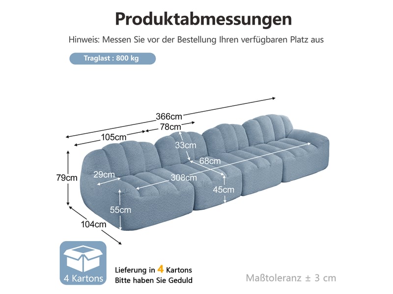  Canapé modulable 4 places bleu tissu granuleux design sans dossier forme coque confort ergonomique salon moderne  - Conforama C