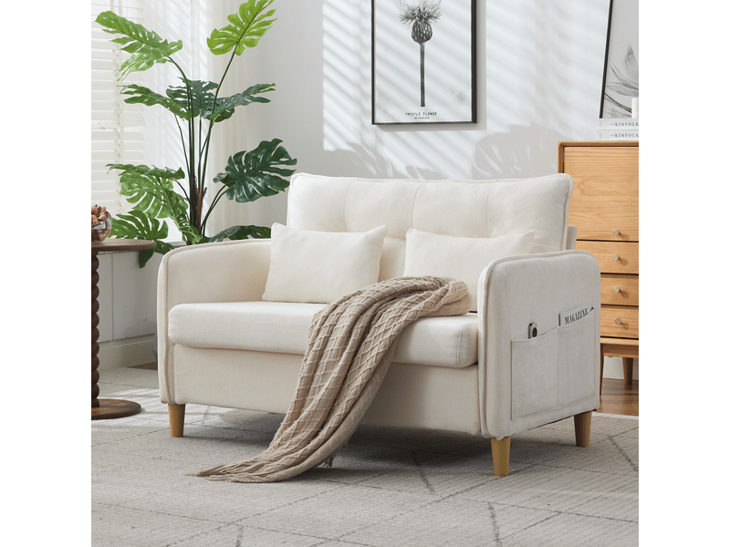 Canapé 2 places beige en tissu chenille, 127 cm, avec accoudoirs, coussins et poches latérales, pour salon moderne - Conforama W