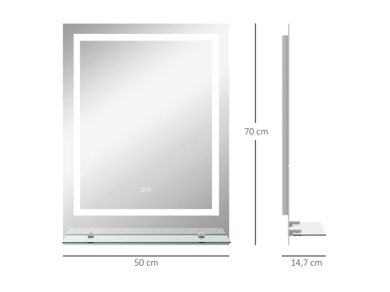 Miroir mural de salle de bains 70x50 cm avec éclairage led et tablette, transparent  - Conforama D