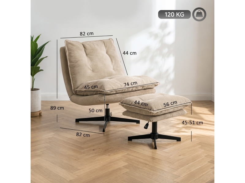 Fauteuil de salon - fauteuil lounge avec repose-pieds, pivotant à 360°, revêtement en velours côtelé, beige - Conforama D