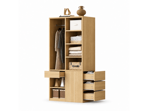 Armoire penderie 70x50x170 cm avec grand espace de suspension, dressing individuel avec plusieurs tiroirs, étagères ouvertes et rangements, naturel