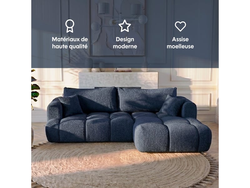  Canapé nuage angle gauche en bouclette et pin massif bleu - elina - morphea Elina gauche - Conforama C