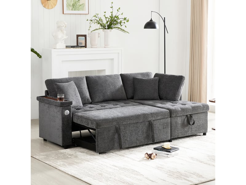  Canapé d'angle droit modenvie convertible 209 x 130 cm chenille gris foncé rangement usb  - Conforama D