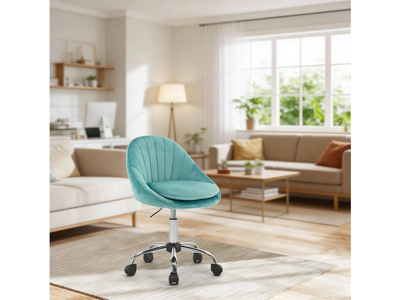 Chaise de bureau pivotante ergonomique en velours avec hauteur réglable et roulettes, turquoise - Conforama D