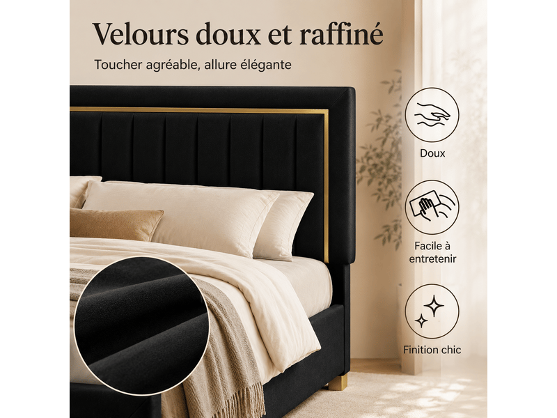  Lit coffre double 160x200 cm - lit rembourré adulte avec sommier à lattes et espace de rangement hydraulique - lit capitonné - cadre de lit 2 personnes - sommier à lattes et tete de lit rembourré - velours beige - sans matelas -…  - Conforama D