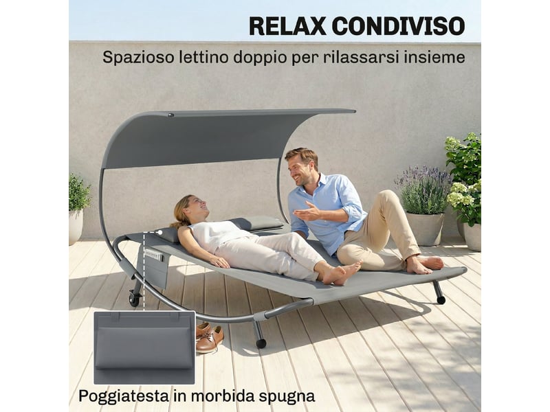  Bain de soleil double avec auvent amovible, roulettes, coussins et poches, 180 x 200 x 170 cm, gris  - Conforama E
