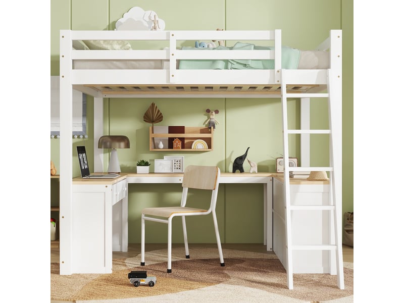  Lit mezzanine 140x200 cm, lit enfant avec bureau d'angle en u et rangement, en bois de pin et mdf avec 2 tiroirs et étagères, blanc et naturel  - Conforama C