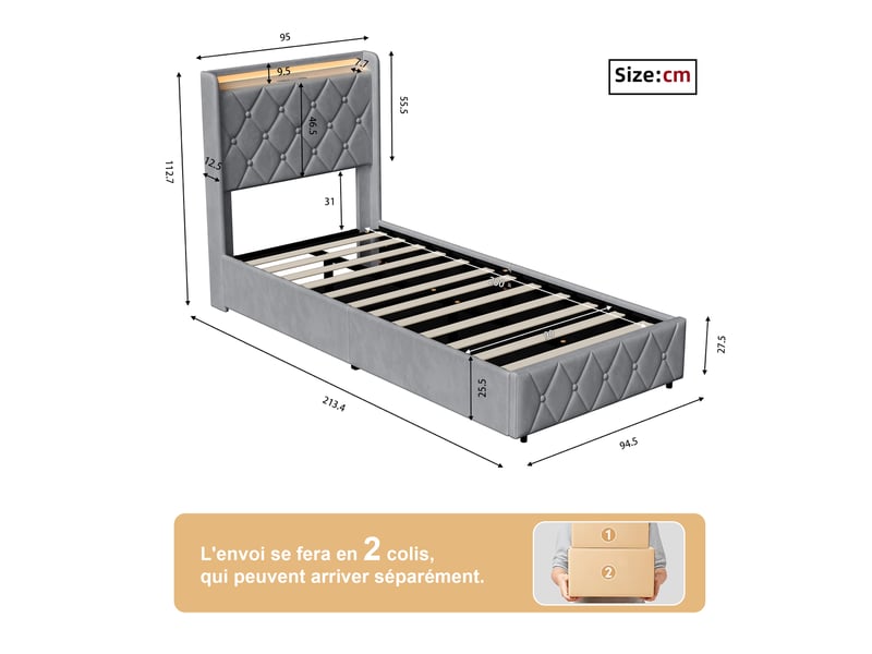  Lit coffre simple 90x200 cm avec tête de lit matelassée et sommier, led et ports usb-c, velours, gris, sans matelas  - Conforama C