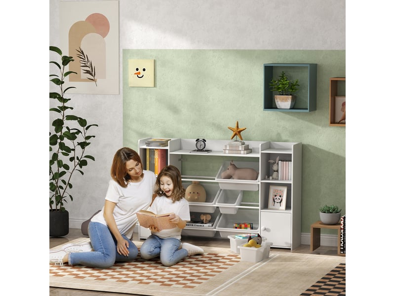  Meuble de rangement pour jouets d'enfants avec 8 bacs et placards amovibles, 140 x 30 x 90 cm, blanc  - Conforama C