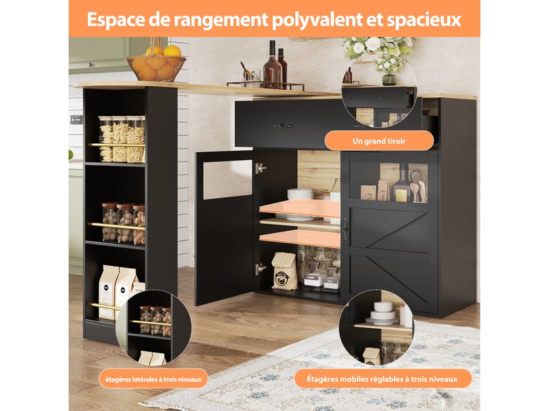  Meuble de cuisine muvano, table de bar extensible de 138 à 204 cm en mdf noire  - Conforama E