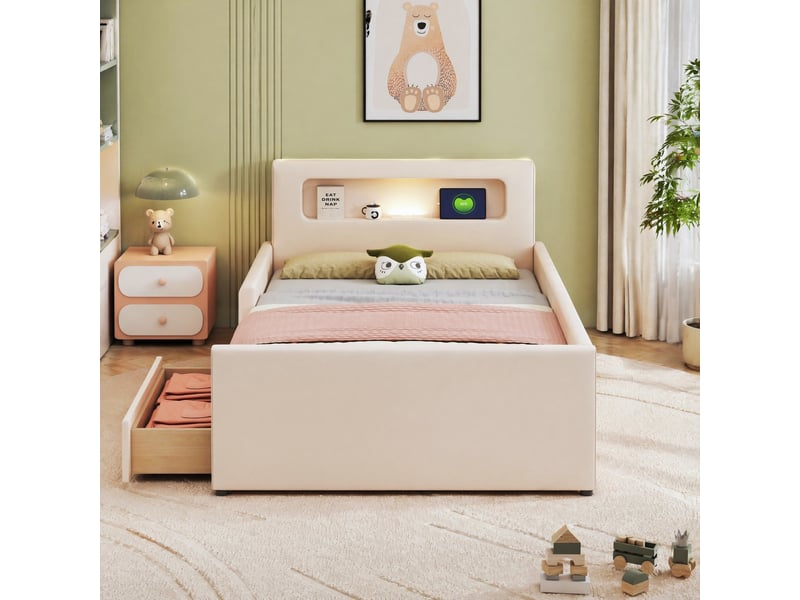  Modenvie lit enfant rembourré 90x200 cm - veilleuse led, port usb et tiroir - pour chambre d'enfant - beige  - Conforama B