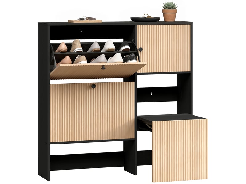 Meuble à chaussures étroit avec 2 tiroirs abattants, tabouret dissimulé, étagères réglables, capacité de 8 à 10 paires de chaussures, 100x23,8x100cm - Conforama A
