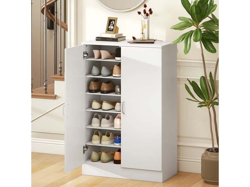  Meuble à chaussures à 2 portes, 6 étagères réglables, charnières à fermeture amortie, pour 21 paires de chaussures, blanc  - Conforama B