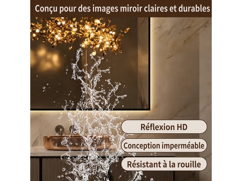  Miroir de salle de bain led 60x80 cm avec cadre en aluminium, rétroéclairé, anti-buée, 3 couleurs dimmables  - Conforama E
