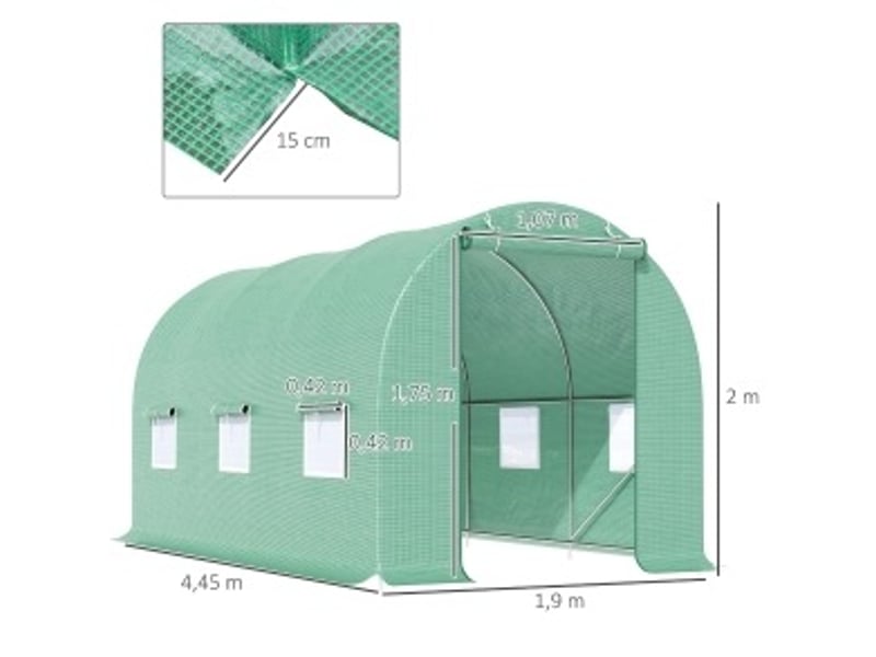  Serre tunnel 445x190x200 cm avec fenêtres métal vert  - Conforama D