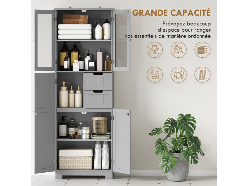  Meuble de salle de bain haut gris, portes vitrées et étagères réglables, 60 x 30 x 170 cm  - Conforama R