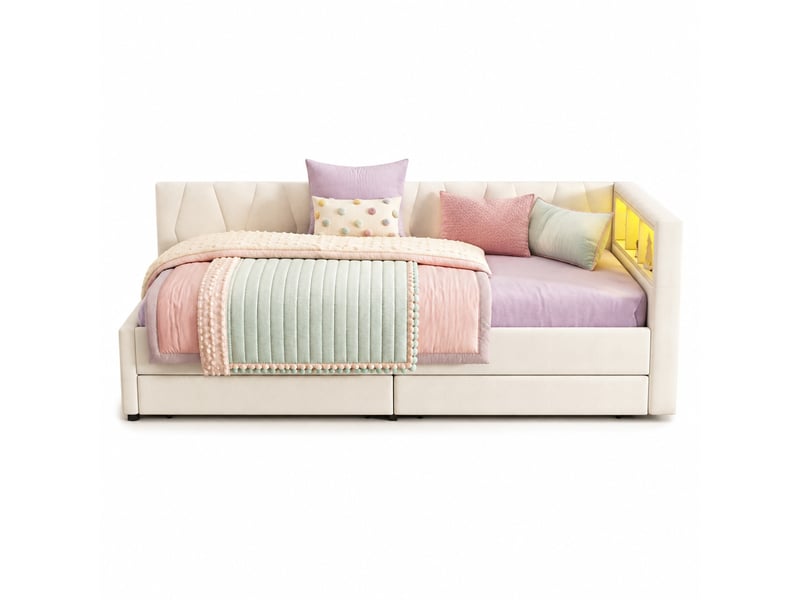  Lit banquette 90 x 200 cm, canapé-lit avec 2 tiroirs, rangements, usb et type-c, éclairage led, sommier à lattes, beige  - Conforama A