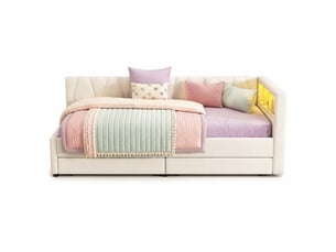 Lit banquette 90 x 200 cm, canapé-lit avec 2 tiroirs, rangements, usb et type-c, éclairage led, sommier à lattes, beige