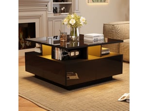 Table basse 70x70x40 cm noire brillante LED 4 tiroirs design géométrique