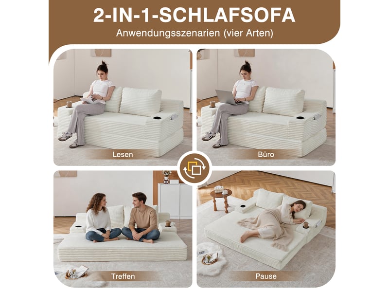  Canapé convertible 2-en-1 en velours côtelé 2 places, 2 coussins inclus, porte-gobelets, rangements latéraux  - Conforama E
