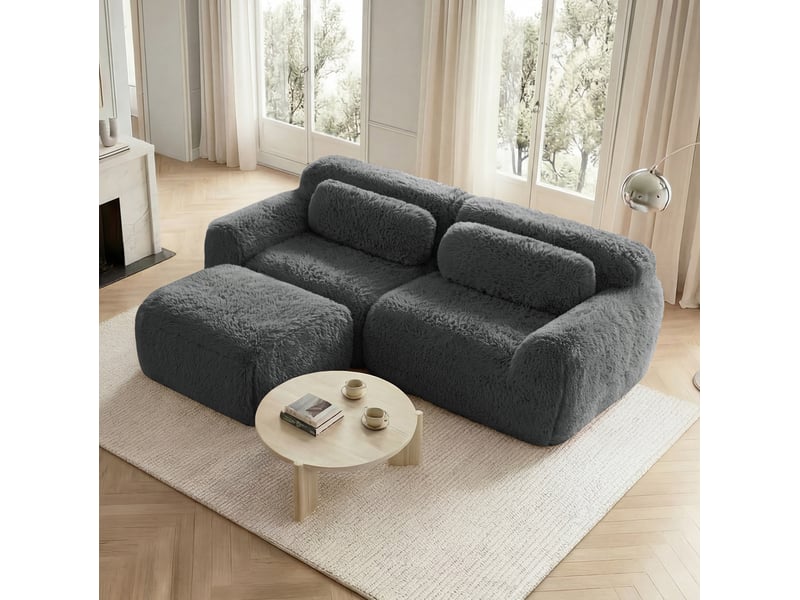 Canapé d’angle modulable 2 places gris en peluche – 204 x 179 x 73 cm - Conforama B