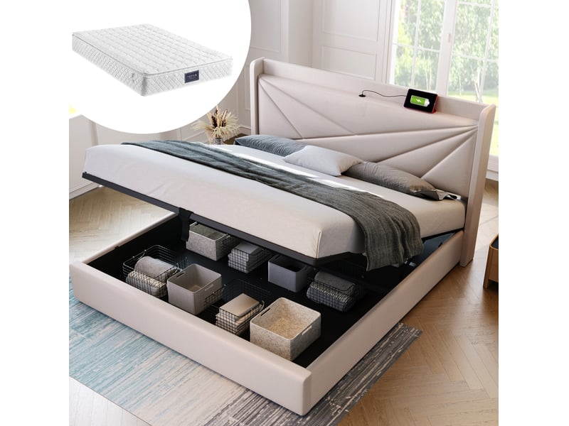  Lit double coffre 160x200 cm avec matelas, usb et usb-c, beige  - Conforama B