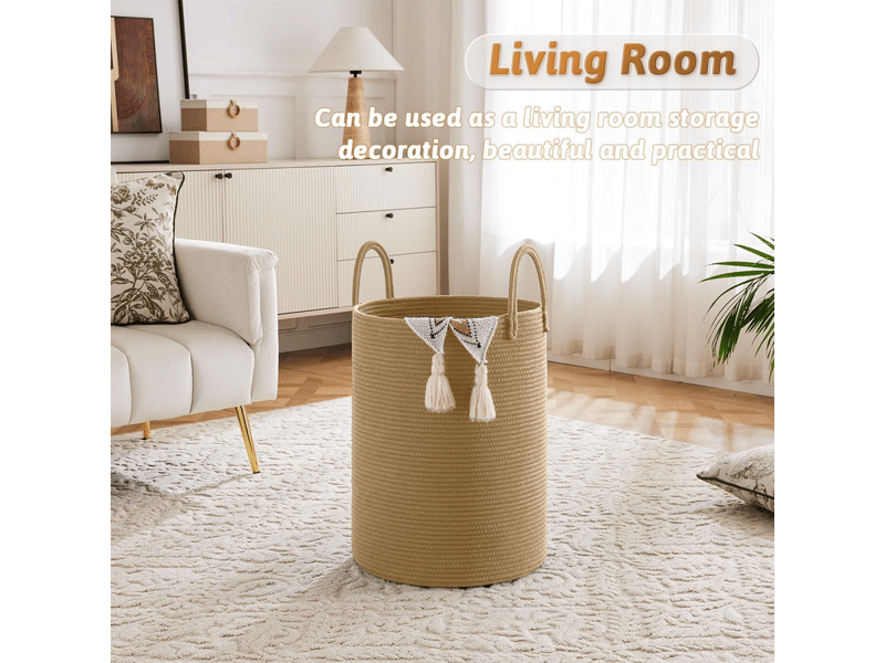  Panier à linge en corde de coton tressé 60 litres pour ranger vêtements sales ou jouets, marron  - Conforama B