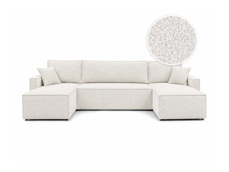  Farah - canapé d'angle panoramique convertible 6 places accoudoirs slim en tissu bouclettes généreuses  - Conforama A