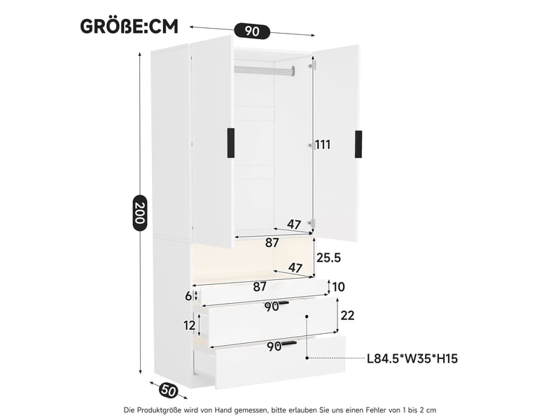 Armoire 90 x 50 x 200 cm avec éclairage led, tiroir à bijoux, penderie, vitre de protection et 3 tiroirs, meuble moderne à portes battantes pour chambre ou dressing OPULERANE TRADING LTD - Conforama D