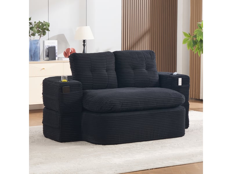  Canapé 2 places en velours côtelé noir avec accoudoirs amovibles et porte-gobelets intégrés  - Conforama B