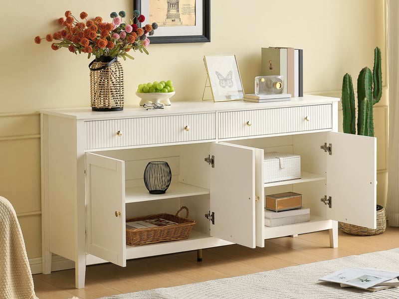 Buffet de salle à manger, avec 2 tiroirs et 4 portes, doté de poignées dorées et d'un espace de rangement généreux, blanc - Conforama B