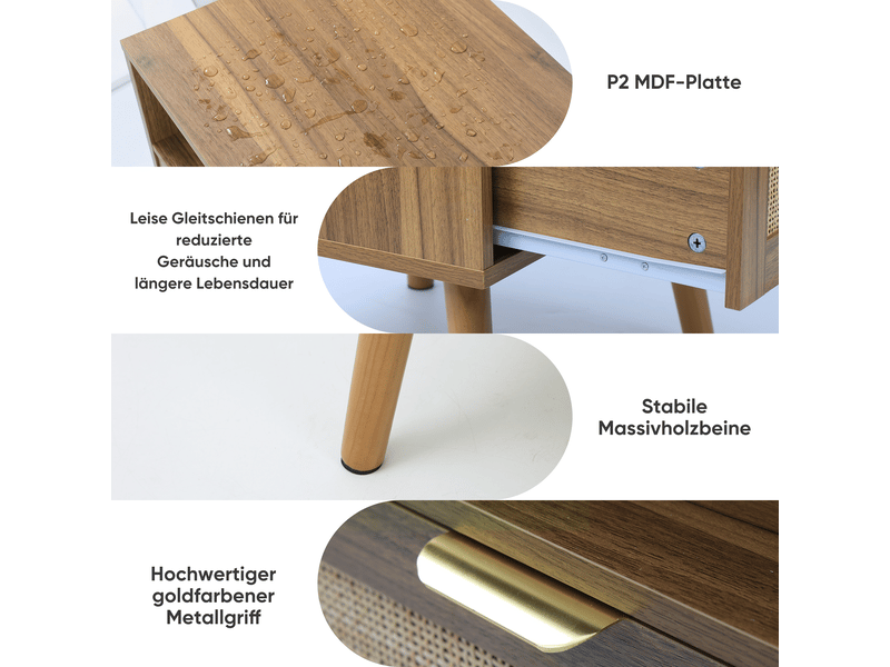  Table de chevet avec 1 tiroir et niche ouverte pour chambre en mdf et rotin 45×40×55 cm noyer  - Conforama D